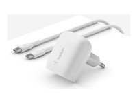 Belkin BoostCharge strömadapter - 24 pin USB-C - 20 Watt - MFI-certifierad - med USB-C to USB-C cable WCA006VF1MWH-B6