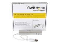 StarTech.com Bärbar USB 3.0-hubb med 3 portar plus Gigabit Ethernet - inbyggd kabel - hubb - 3 portar ST3300G3UA